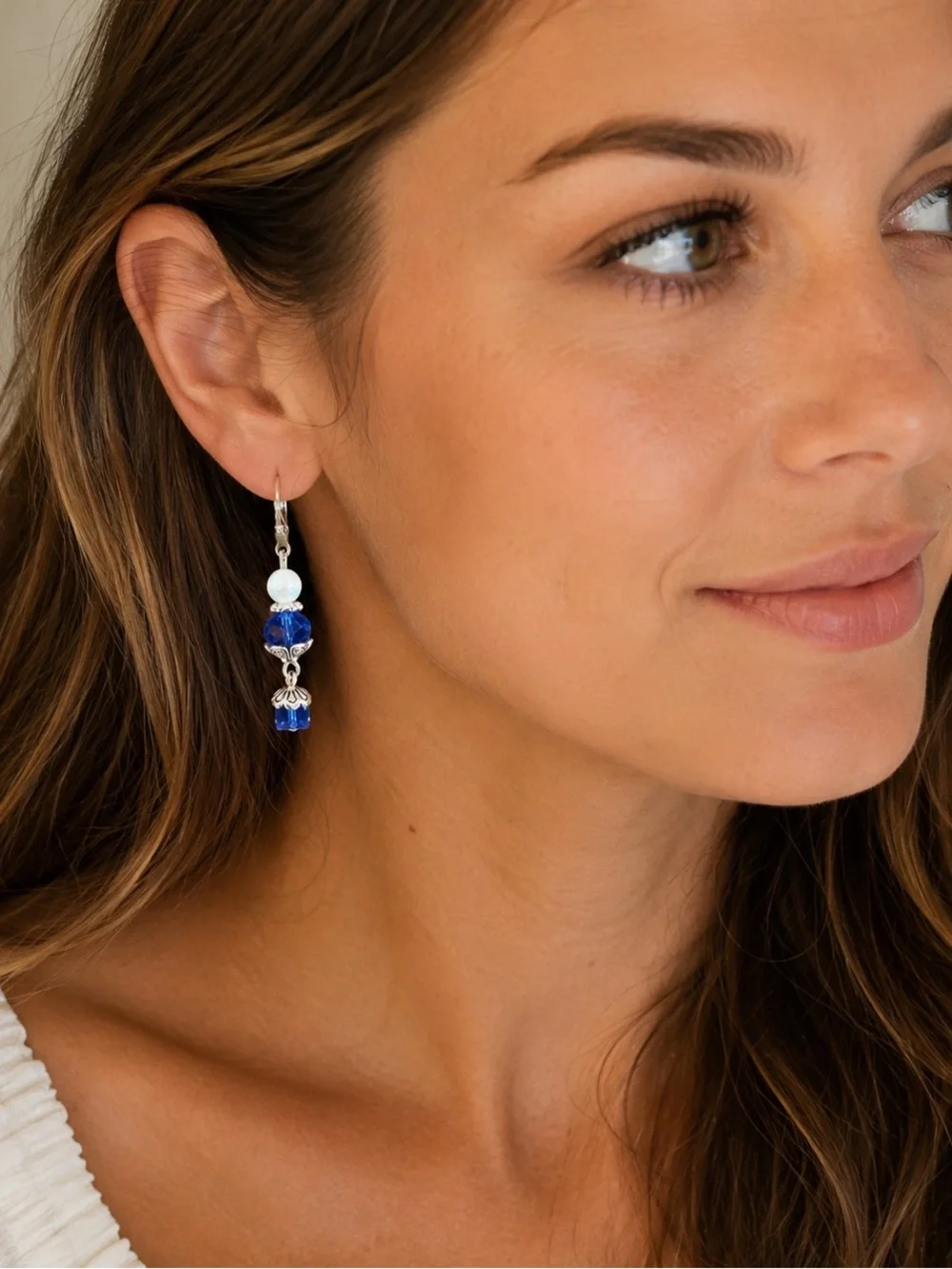 Handmade Blue Beaded Dangle Earrings Opal look Silver Drop Earrings